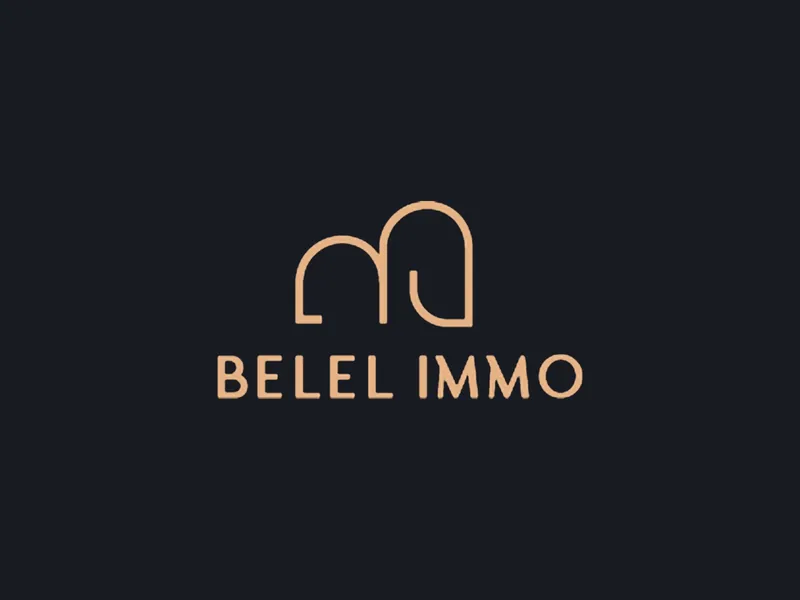 Logo Belel Immo, monogramme en arches et logotype, sur fond sombre