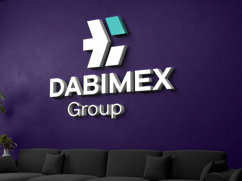 Logo Dabimex Group en relief sur un mur violet, planche de la présentation du logo