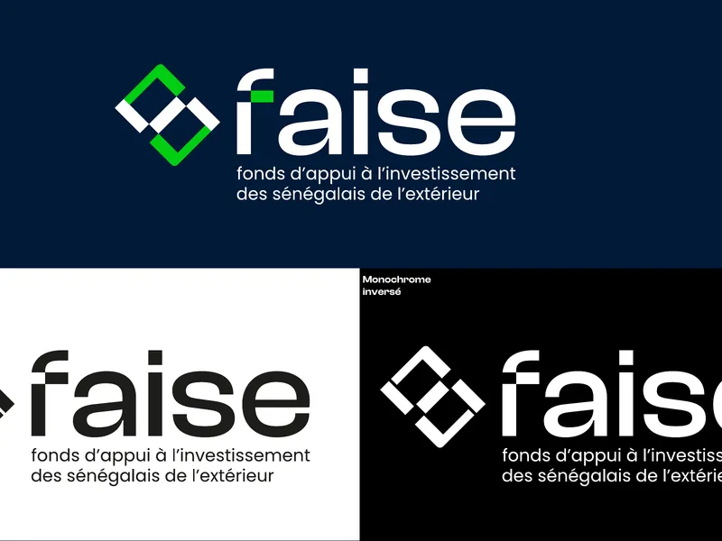Logo FAISE et ses déclinaisons sur fond bleu nuit, planche de la charte graphique