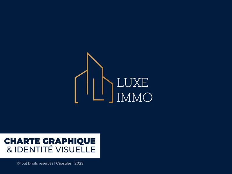 Logo Luxe Immo doré sur fond bleu nuit, planche de la charte graphique