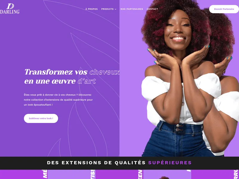 Page d’accueil du site de Darling, femme souriante sur fond violet