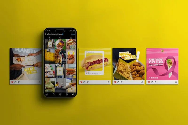 Feed Instagram de Planet Kebab : téléphone et publications sur fond jaune