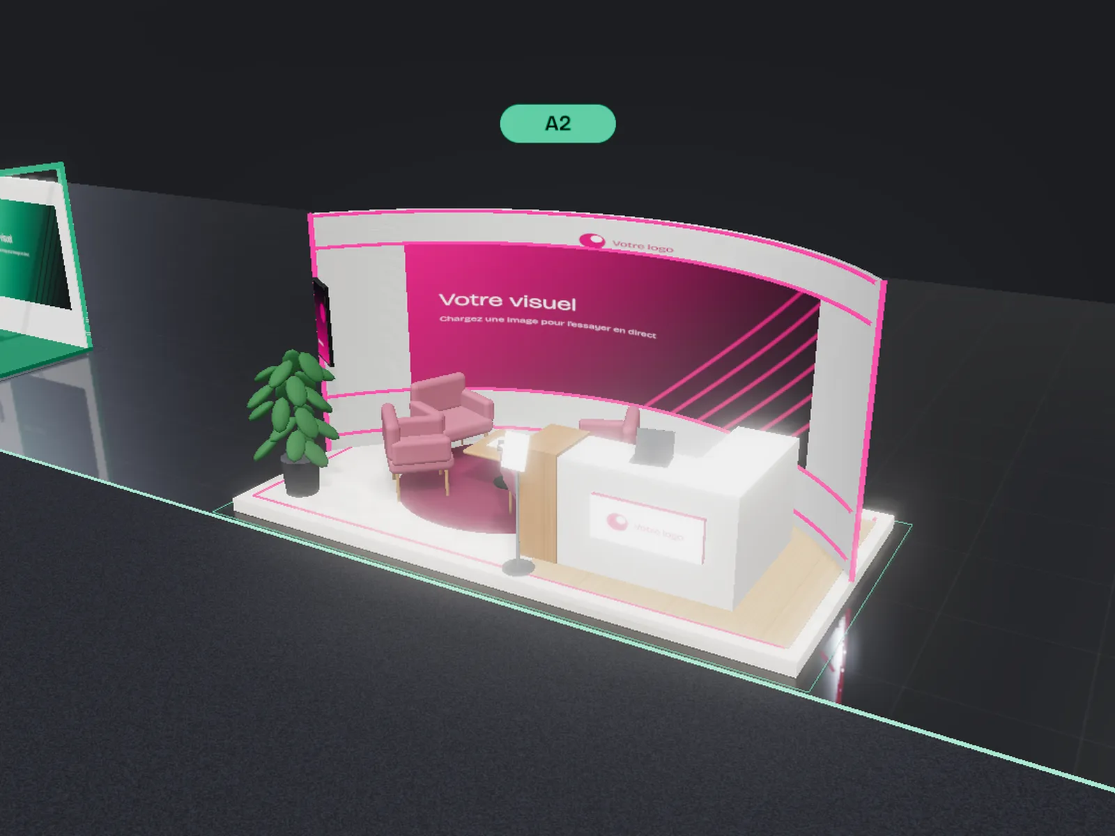 Rendu 3D d’un stand courbe premium dans le hall d’exposition
